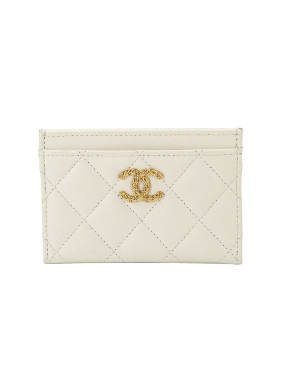 Chanel Quilted Card Case Business Caviar Leather White Gold